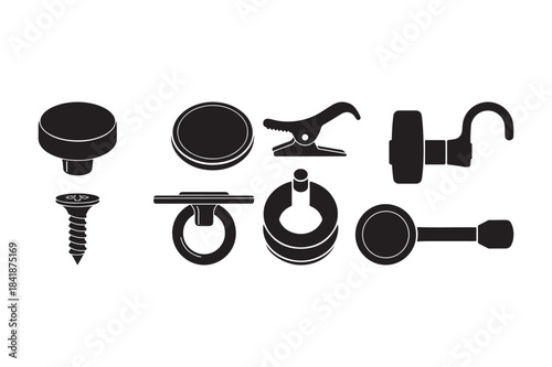 Collection of black silhouettes of various hardware and fasteners