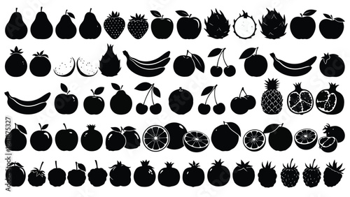 A collection of various fruit silhouettes in black and white arranged in rows