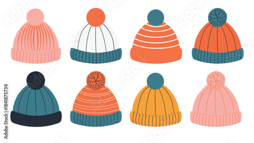 Winter knitted beanie hats collection featuring colorful cozy winter accessories, warm pom pom designs, seasonal fashion illustrations, and charming cold-weather cartoon elements