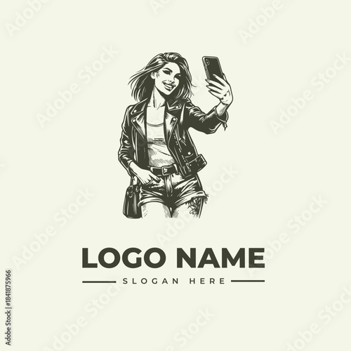 A black and white illustration of a woman taking a selfie with a gun holstered at her hip, set against a plain background with bold logo text below.