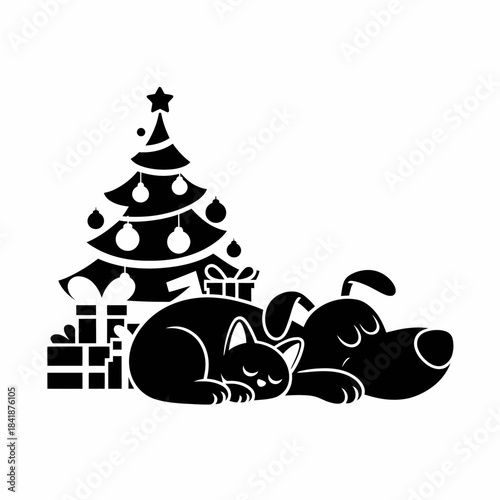 A cat and dog rest peacefully in front of a decorated Christmas tree adorned with baubles and surrounded by gifts.