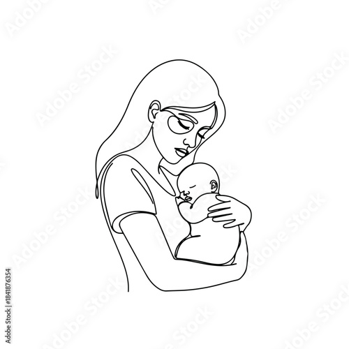 Line art illustration shows serene mother and baby, symbolizing pure love and tender connection. Minimalist drawing portrays parent holding sleeping infant, reflecting quiet strength of tired mother.