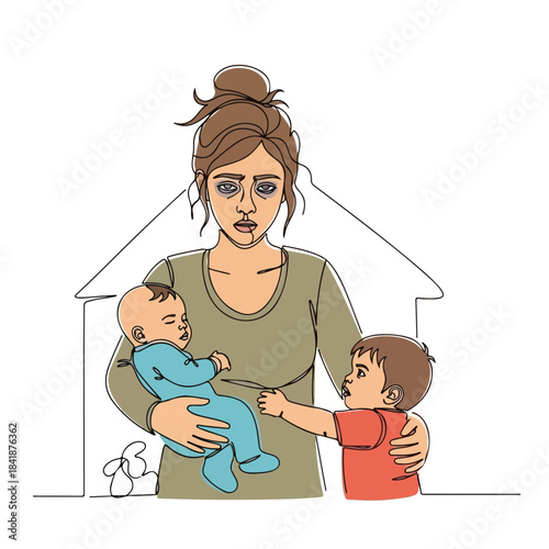 Tired mother line drawing with baby and older child, showing parenting stress and home challenges. This tired mother portrait highlights family burnout, depicting overwhelming responsibilities.