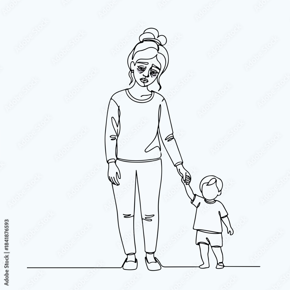 Fototapeta premium Line illustration depicts a tired mother with child. Woman's weary face shows parental exhaustion, challenges of childcare. Perfect for discussing mental load of a tired mother, burnout,