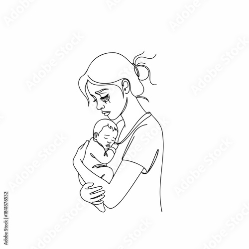 Line art illustration shows tired mother holding infant, tears on face. Drawing conveys emotional struggle, exhaustion of new parenthood for tired mother. Concept for mental health awareness, support,