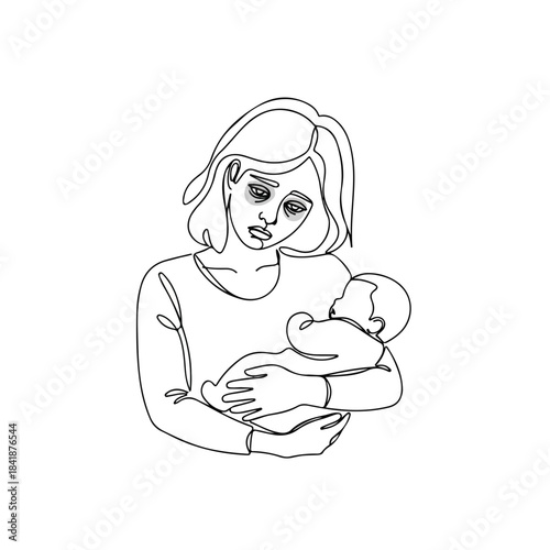 Continuous line drawing depicts tired mother cradling infant baby with maternal exhaustion. Portrait shows exhausted tired mother, highlighting challenges of new motherhood.