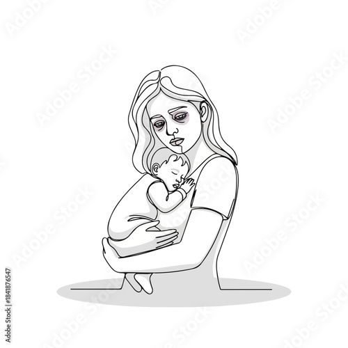 Line art depicts tired mother holding sleeping baby, expressing postpartum exhaustion. Dark circles under eyes symbolize struggles for tired mother.