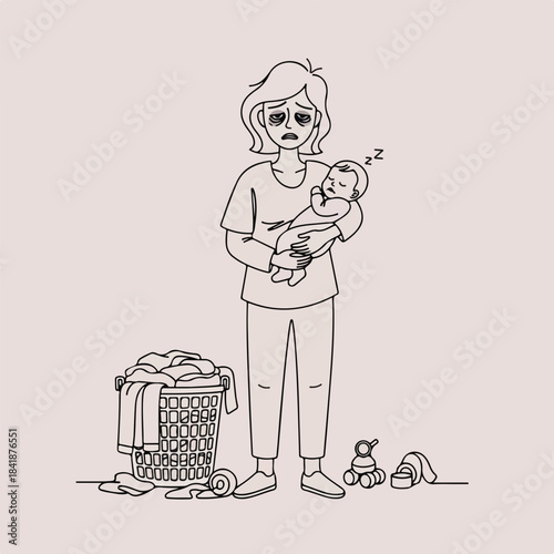 Line art shows tired mother cradling sleeping infant. Overflowing laundry basket, scattered baby toys, demanding life. Exhausted parent, tired mother, manages household. Concept for parenting blogs,