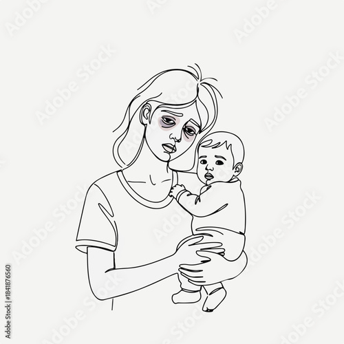 Line art illustration of tired mother holding small baby, depicting exhaustion and lack of sleep. Woman with dark circles under eyes portrays challenges of new parenting.