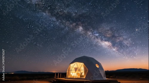 geodesic glamping dome illuminated under spectacular starry night sky with milky way. astrotourism, peaceful vacation, nature getaway. banner, website header with copyspace.