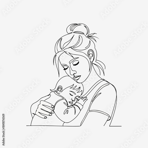 Continuous line art drawing of mother and child embracing tenderly, symbolizing deep love and serene motherhood. Minimalist illustration depicts loving parent holding sleeping infant,