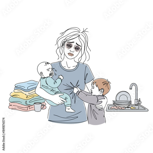 Tired mother holds crying infant, toddler tugging shirt, amidst household tasks. Overwhelmed parent faces laundry piles and dirty dishes, illustrating challenging reality for tired mother.