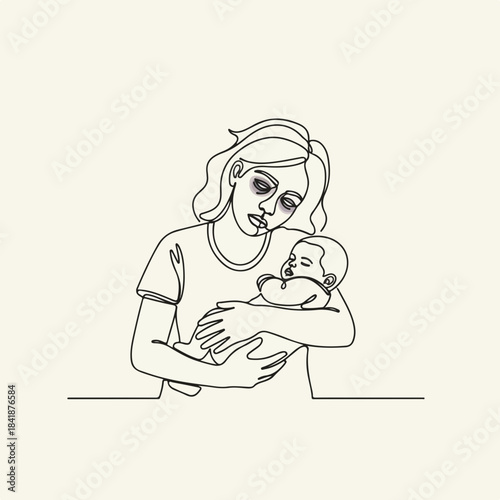 Continuous line drawing depicts tired mother gently cradling her peacefully sleeping baby, reflecting challenges of early parenthood.