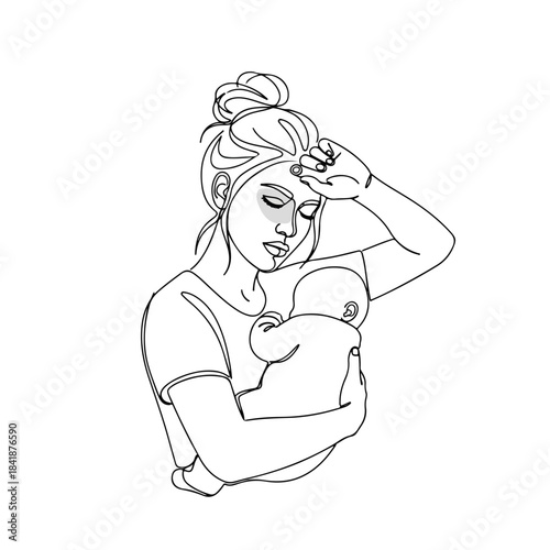 Line art illustration shows tired mother holding newborn baby. Woman with hand on forehead depicts deep exhaustion, capturing challenges of motherhood, postpartum.