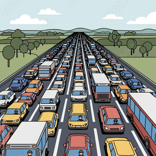 Heavy traffic jam on multi lane highway stretching into horizon, featuring numerous cars, trucks, and buses. This extensive traffic jam illustrates significant urban congestion problem,