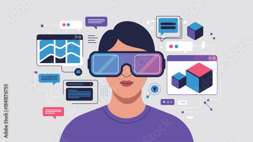 person in a vr headset interacting with data and virtual elements vector illustration