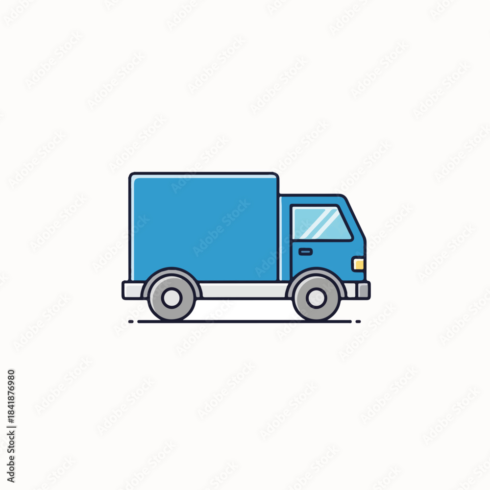Fototapeta premium Blue delivery truck illustration, perfect for logistics and shipping solutions. This simple delivery graphic outlines efficient service, conveying quick package transport.