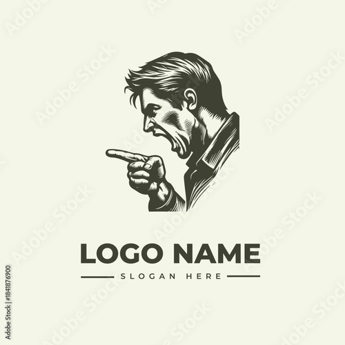 A black and white illustration of a man pointing to the left with a logo name and slogan on a beige background, featuring a vector graphic design.