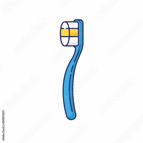 Blue tooth brush with yellow bristles on white background, an everyday oral care item. This simple tooth brush features ergonomic blue handle and soft bristles, ideal for child's dental routine.