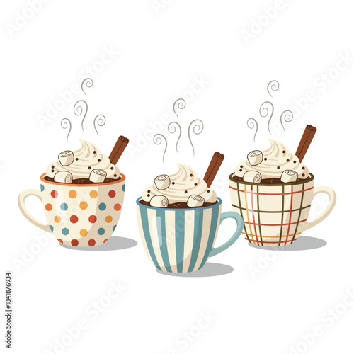 Three steaming mugs of hot chocolate with whipped cream, marshmallows, and cinnamon sticks, each in a uniquely patterned cup.
