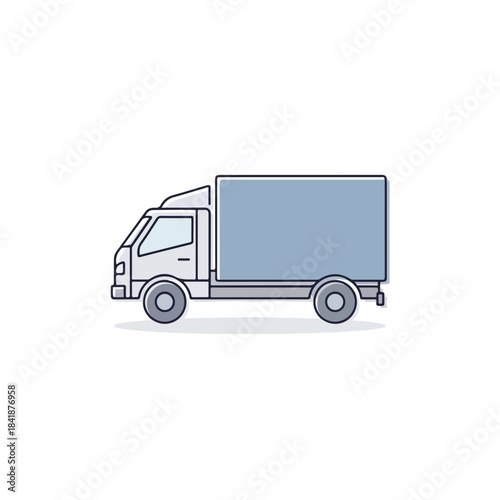 Modern delivery truck illustration, depicting compact vehicle with cargo box, clean lines, side profile. This stylized transport represents efficient logistics, quick parcel service.