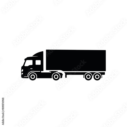 Modern semi truck silhouette in black, depicting heavy freight vehicle. This semi truck features a cab and cargo trailer for transport solutions. Concept semi truck graphic for logistics, shipping,