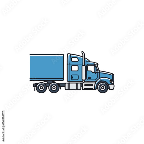 Blue commercial truck illustration with long trailer for shipping and transportation services. Heavy duty truck features cargo container, cabin, and wheels for logistics.