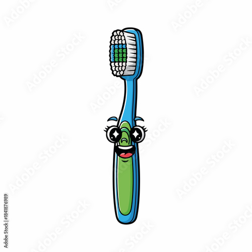 Smiling tooth brush kid character, a cheerful blue and green dental tool on white background. This happy oral hygiene brush promotes healthy habits for young children.