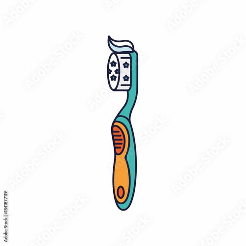 Cartoon kid toothbrush with toothpaste, cheerful design for daily oral hygiene routines. Teal and orange highlight this essential dental tool for children. Kid toothbrush graphic for health education,