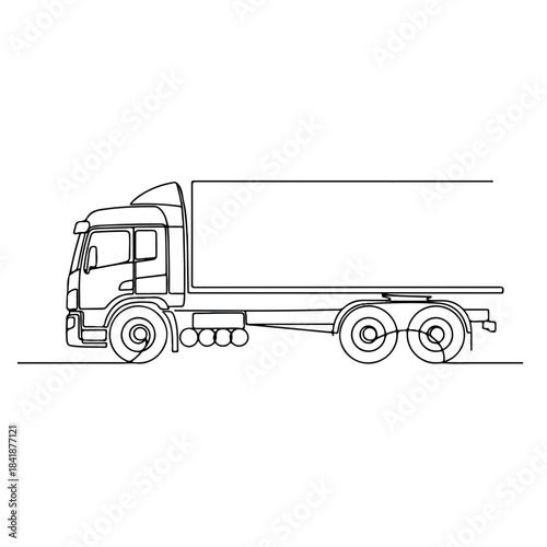 Single line drawing depicts modern delivery truck with long cargo trailer. Minimalist black outline of large delivery truck highlights transport efficiency.
