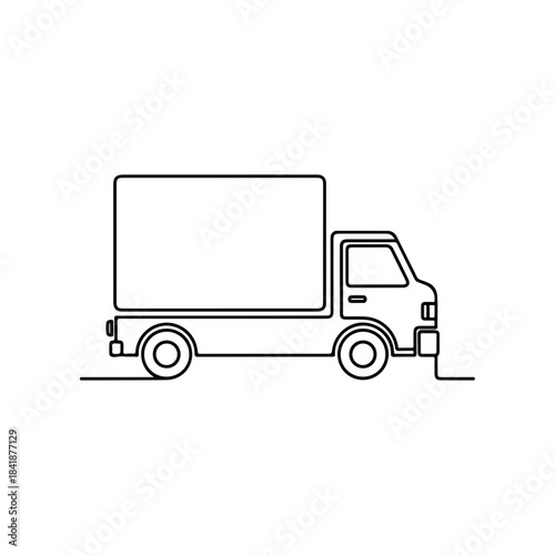 Minimalist line art delivery truck icon, clean outline illustration representing efficient transportation and logistics solutions. Simple modern design depicts cargo truck with empty box,