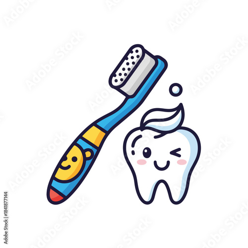 Illustration with cute tooth brush kid design, showing a cheerful winking tooth character alongside a vibrant blue children's toothbrush.