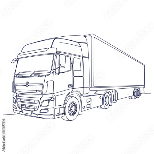 Outline drawing modern delivery truck with trailer for freight transportation. Line art displays cabin, wheels, large cargo section, depicting essential delivery truck.
