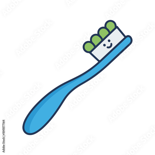 Blue cartoon tooth brush kid with a friendly smiling face and green bristles against white background. This adorable tooth brush kid features a brightly colored handle, soft looking brush head,