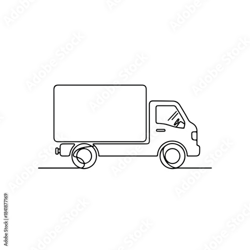 Simple continuous line art of a delivery truck, minimalist graphic design depicting cargo transport truck silhouette on isolated white background. Versatile truck illustration for logistics, shipping,