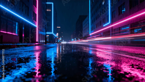 A dark, rain-slick city street at night, bright neon lines of blue and bright pink, a gloomy and futuristic atmosphere suitable for filming music videos. Vector. EPS.