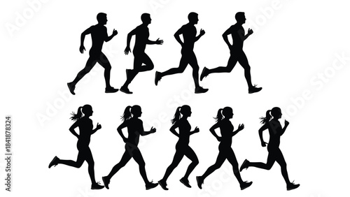 A collection of black silhouettes depicting male and female runners in various athletic poses