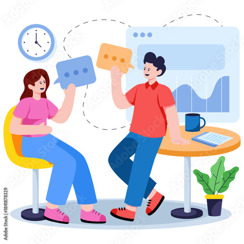 A colored design illustration of colleague discussion