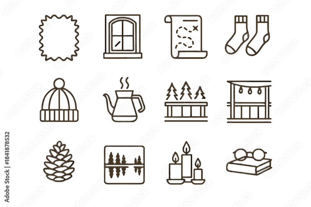 Fototapeta premium Forest scroll icon reading quiet icons book cabin deck fluffy window knitted