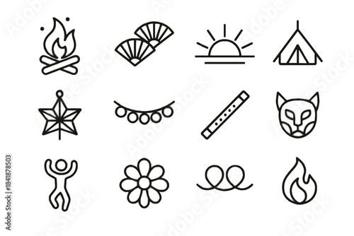 Festival bonfire circle sunrise icon symbol pattern set loop mask vector