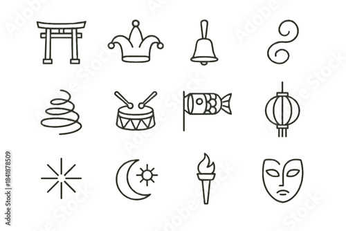 Starburst festival bell icon crossed ceremonial fish icons drums minimalist lines vector