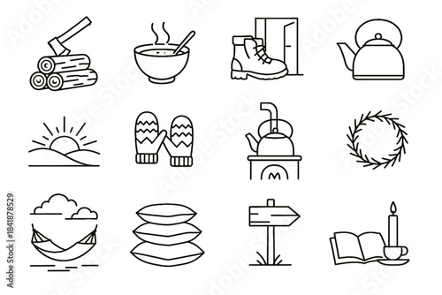 Stove wreath icons icon cabin quiet log axe vector over watching hiking