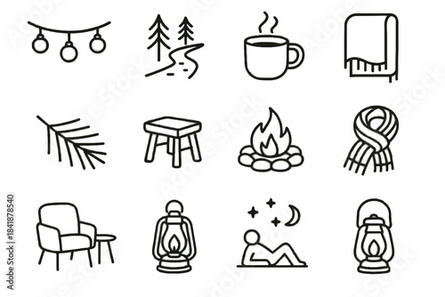 Icons rustic vector kettle icon cabin stargazing steam woods campfire lights quiet