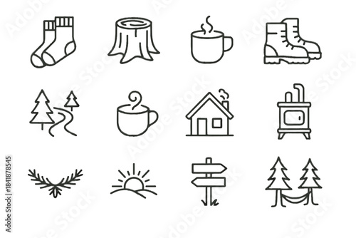 Behind swirl mug trail icons icon cabin snow hilltop socks vector weekend