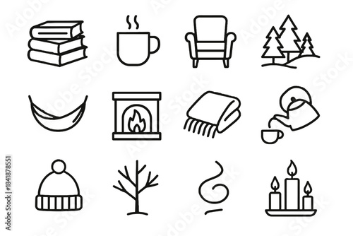 Kettle hot book fire woolen quiet warm trio cabin vector fireplace icon