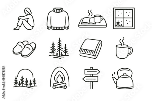 Cabin sweater sketch trees throw blanket icon cozy window trail view vector