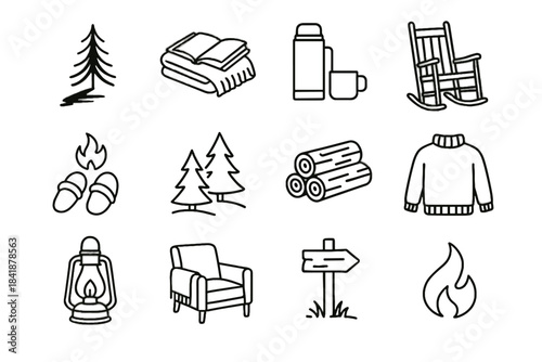 Warm symbol simple icon vector cabin trees life trail porch lamp icons