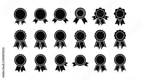 A set of black silhouette award ribbons and rosettes in various shapes and designs.