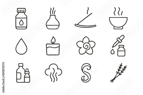 Peel set cloud sprig vector bottle swirl icon aromatherapy steam lavender