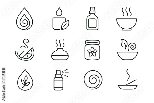 Icon incense jar misting sprig aromatherapy essential aroma herbal vector set diffuser